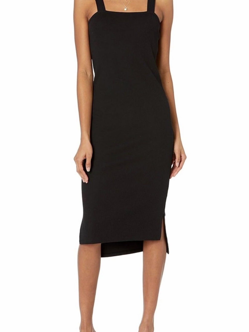 Sleek Black Square-Neck Midi Dress with Side Slit Size 3XL